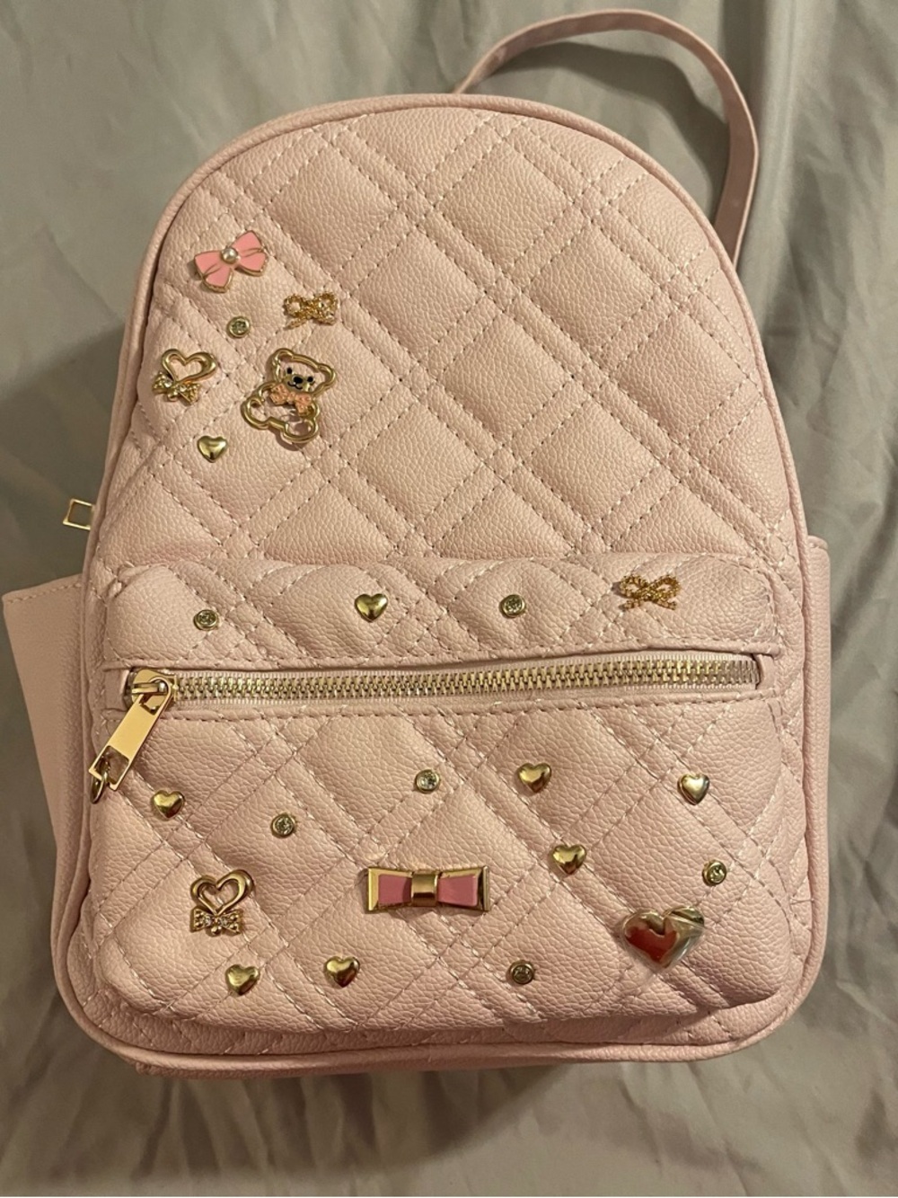 Under One Sky Baby Pink Quilted Mini Backpack Heart Bows and Teddy Bear Charms
